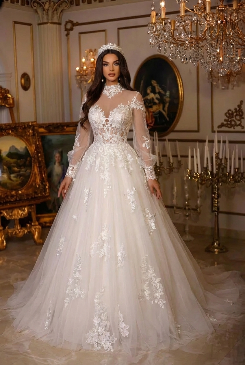 Long A-line High Neck Court Train Lace Tulle Wedding Dress
