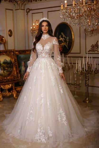 Long A-line High Neck Court Train Lace Tulle Wedding Dress