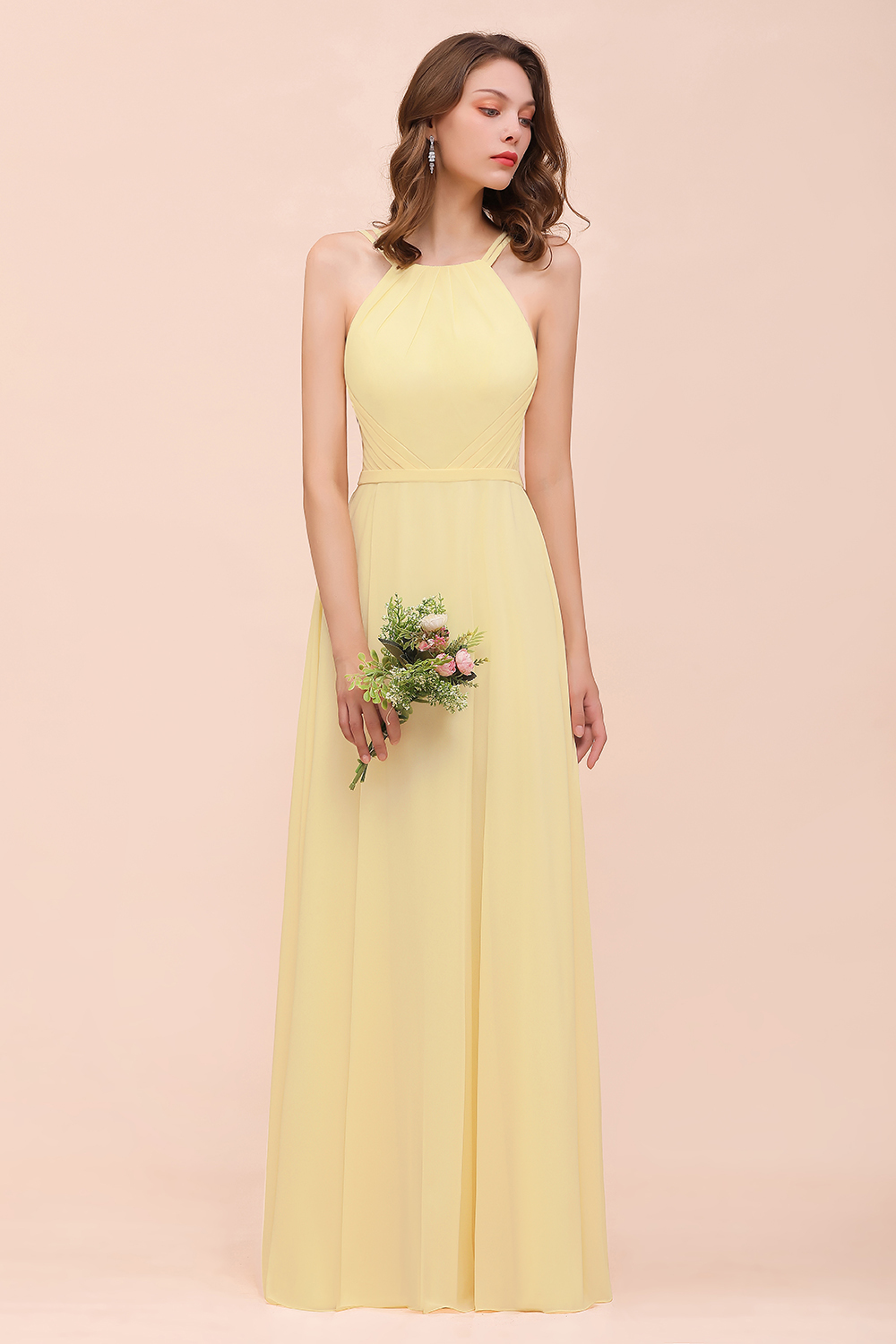 Long A-line Jewel Chiffon Daffodil Bridesmaid Dress with Ruffle