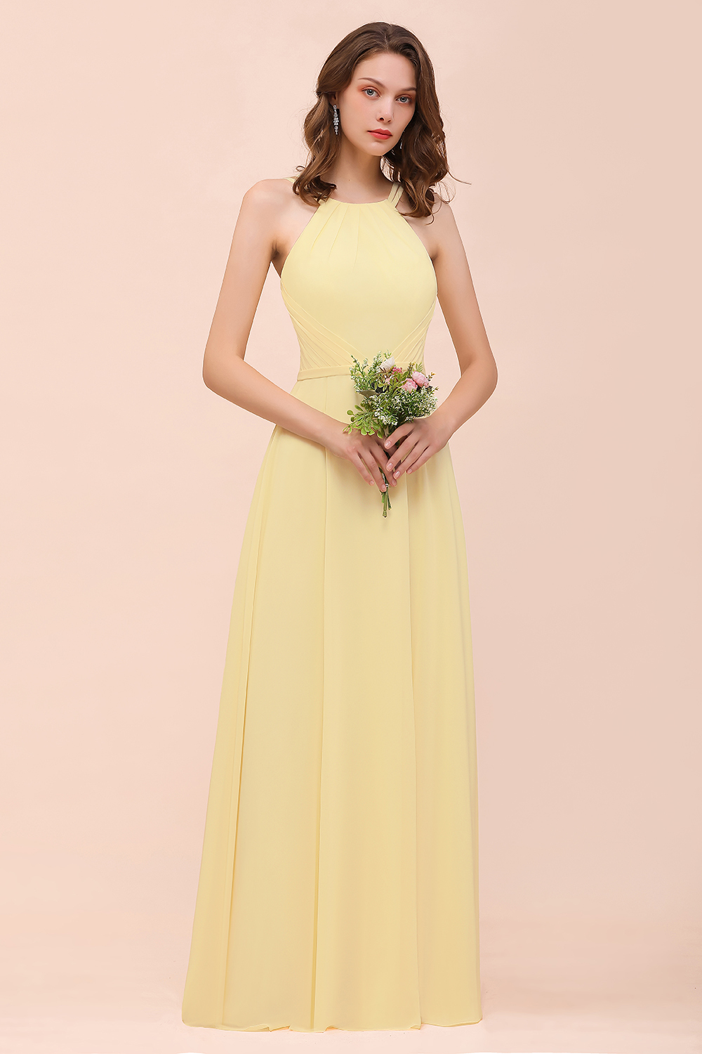 Long A-line Jewel Chiffon Daffodil Bridesmaid Dress with Ruffle