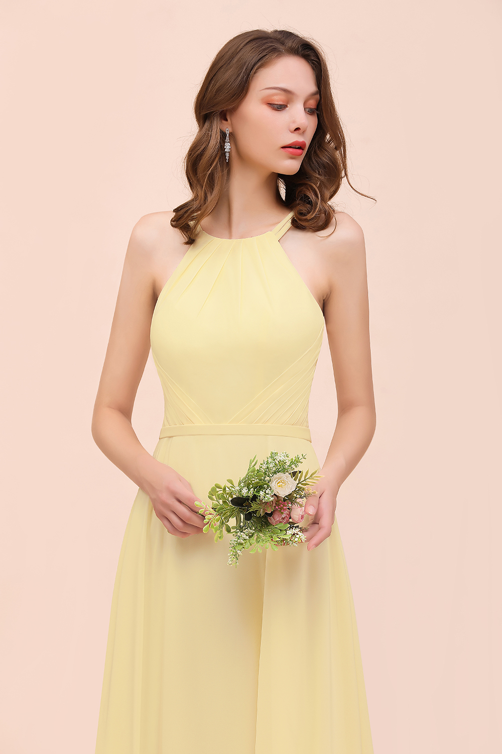 Long A-line Jewel Chiffon Daffodil Bridesmaid Dress with Ruffle