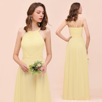Long A-line Jewel Chiffon Daffodil Bridesmaid Dress with Ruffle