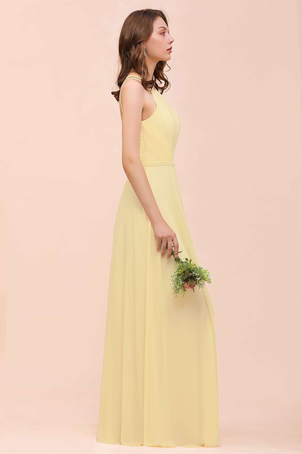 Long A-line Jewel Chiffon Daffodil Bridesmaid Dress with Ruffle