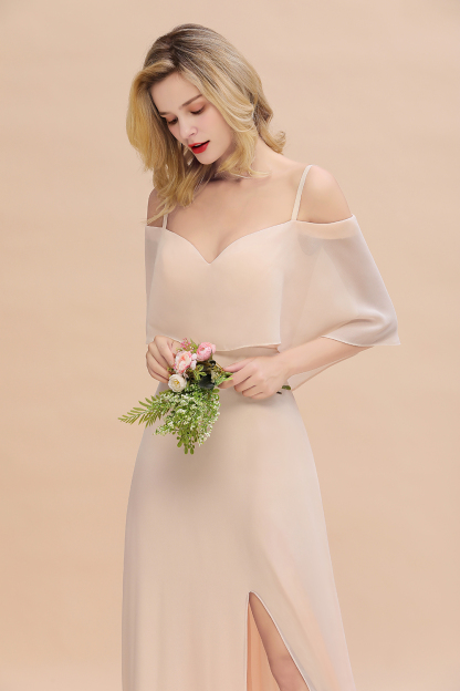 Long A-line Off the Shoulder Chiffon Spaghetti Straps Side Split Bridesmaid Dress