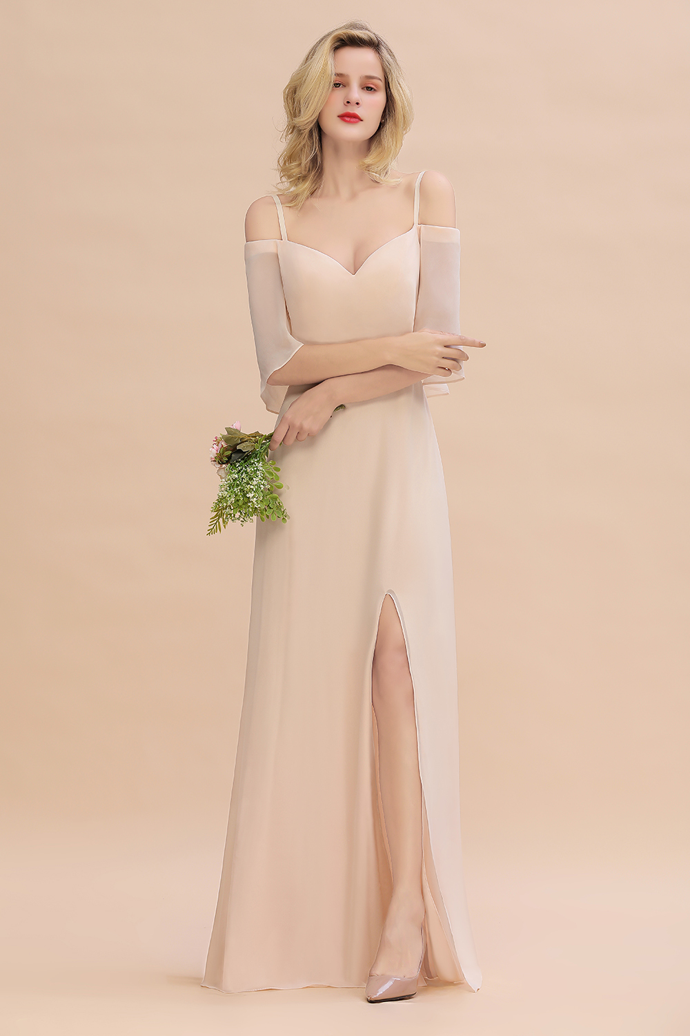 Long A-line Off the Shoulder Chiffon Spaghetti Straps Side Split Bridesmaid Dress