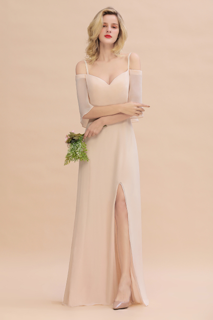 Long A-line Off the Shoulder Chiffon Spaghetti Straps Side Split Bridesmaid Dress