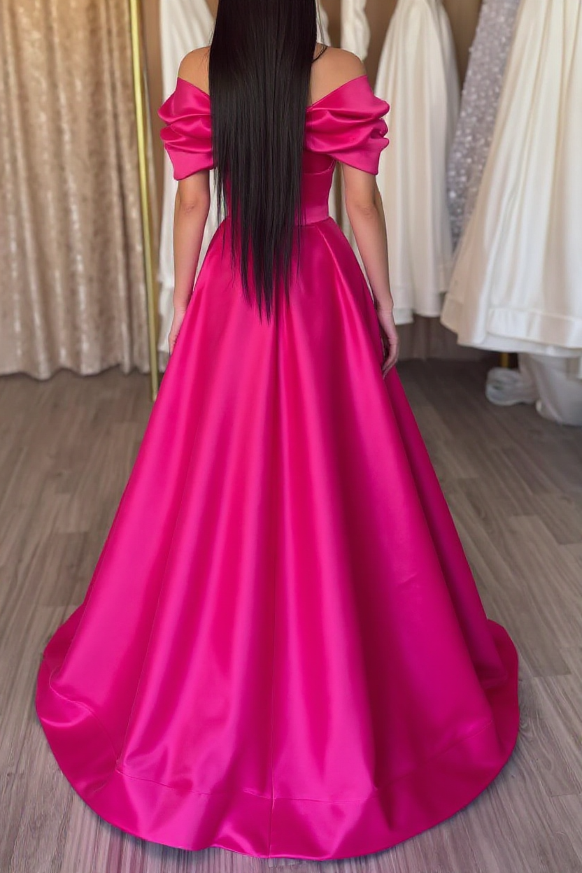 Long A-line Off the Shoulder Satin Formal Prom Dresses with Slit