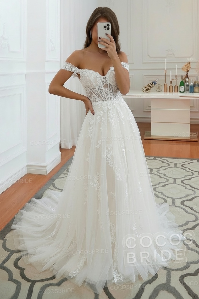 Long A-line Off the Shoulder Tulle Lace Wedding Dress