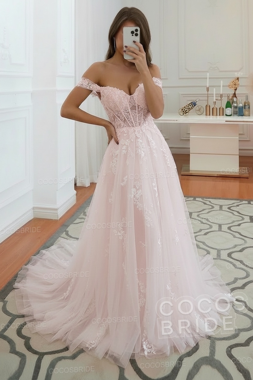 Long A-line Off the Shoulder Tulle Lace Wedding Dress