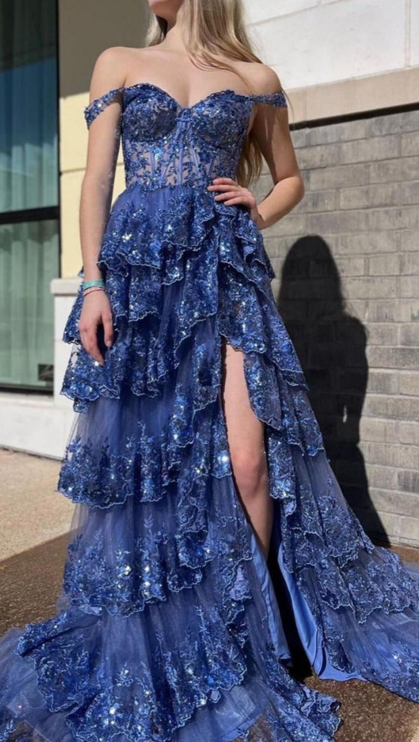 A-line Off the Shoulder Long Tulle Lace Dark Navy Prom Dress with Slit