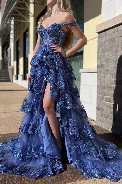 A-line Off the Shoulder Long Tulle Lace Dark Navy Prom Dress with Slit