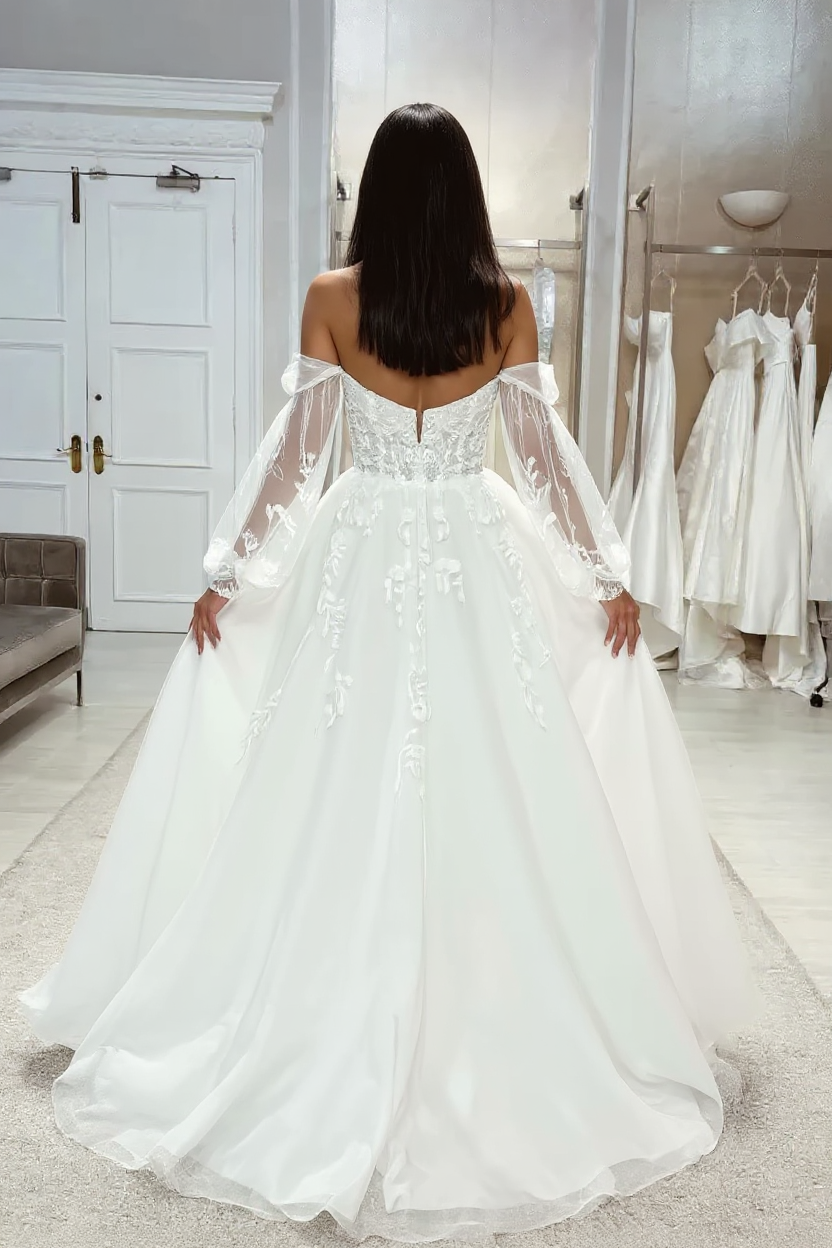 Long A-line Off the Shoulder Tulle Lace Wedding Dresses with Sleeves