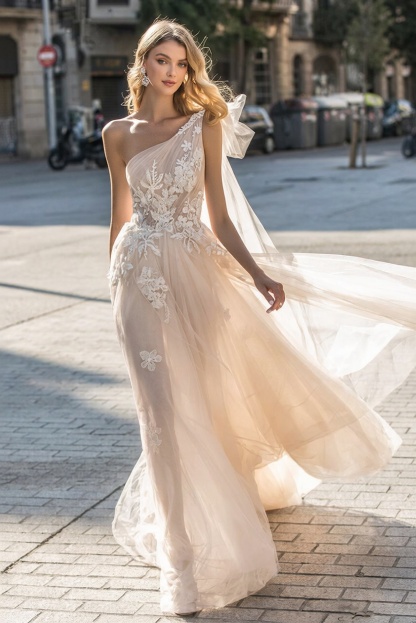 Long A-line One Shoulder Appliques Lace Boho Wedding Dresses