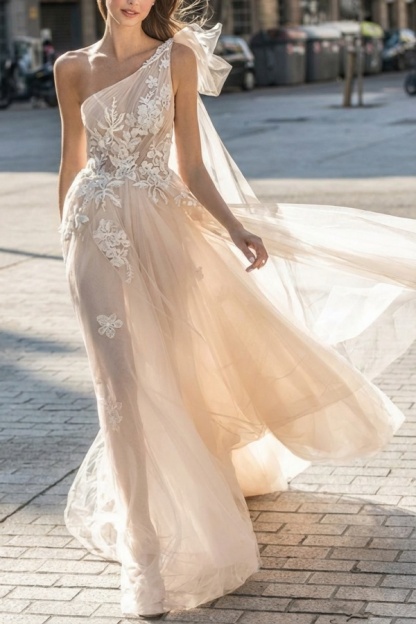 Long A-line One Shoulder Appliques Lace Boho Wedding Dresses