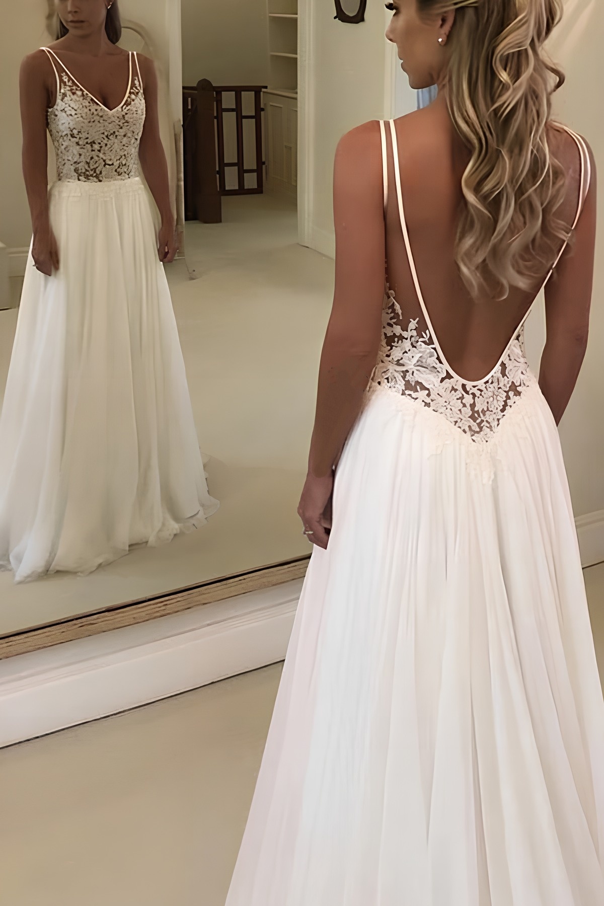 Long A-line Open Back V-neck Lace Chiffon Wedding Dress