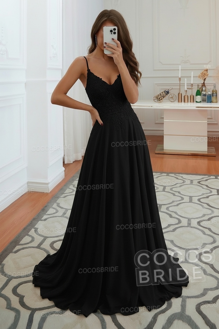 Long A-line Spaghetti Strap Appliques Backless Chiffon Wedding Dress