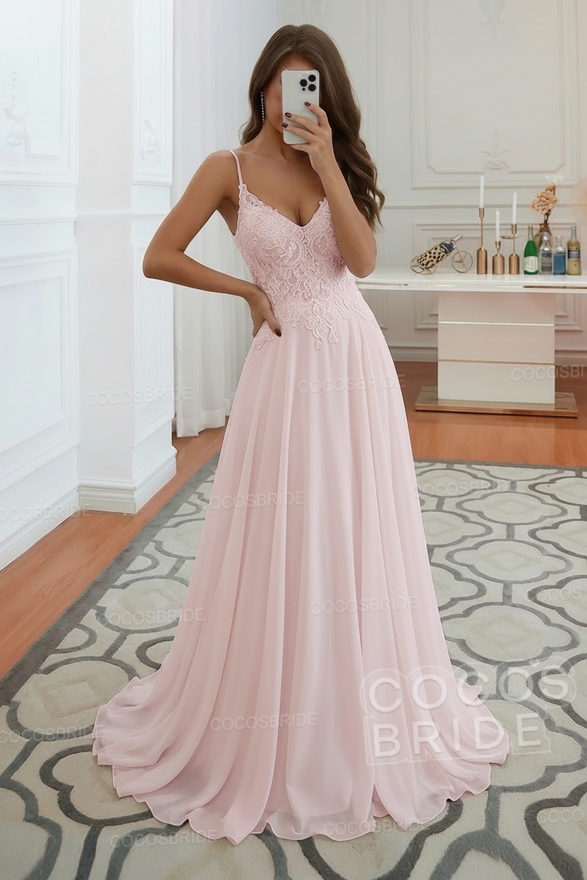 Long A-line Spaghetti Strap Appliques Backless Chiffon Wedding Dress