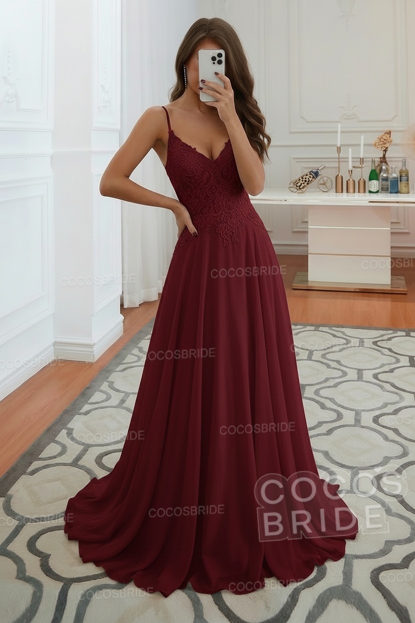 Long A-line Spaghetti Strap Appliques Backless Chiffon Wedding Dress