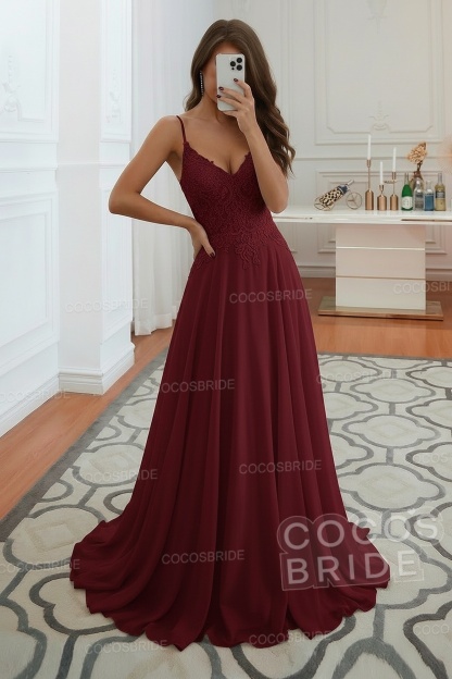 Long A-line Spaghetti Strap Appliques Backless Chiffon Wedding Dress