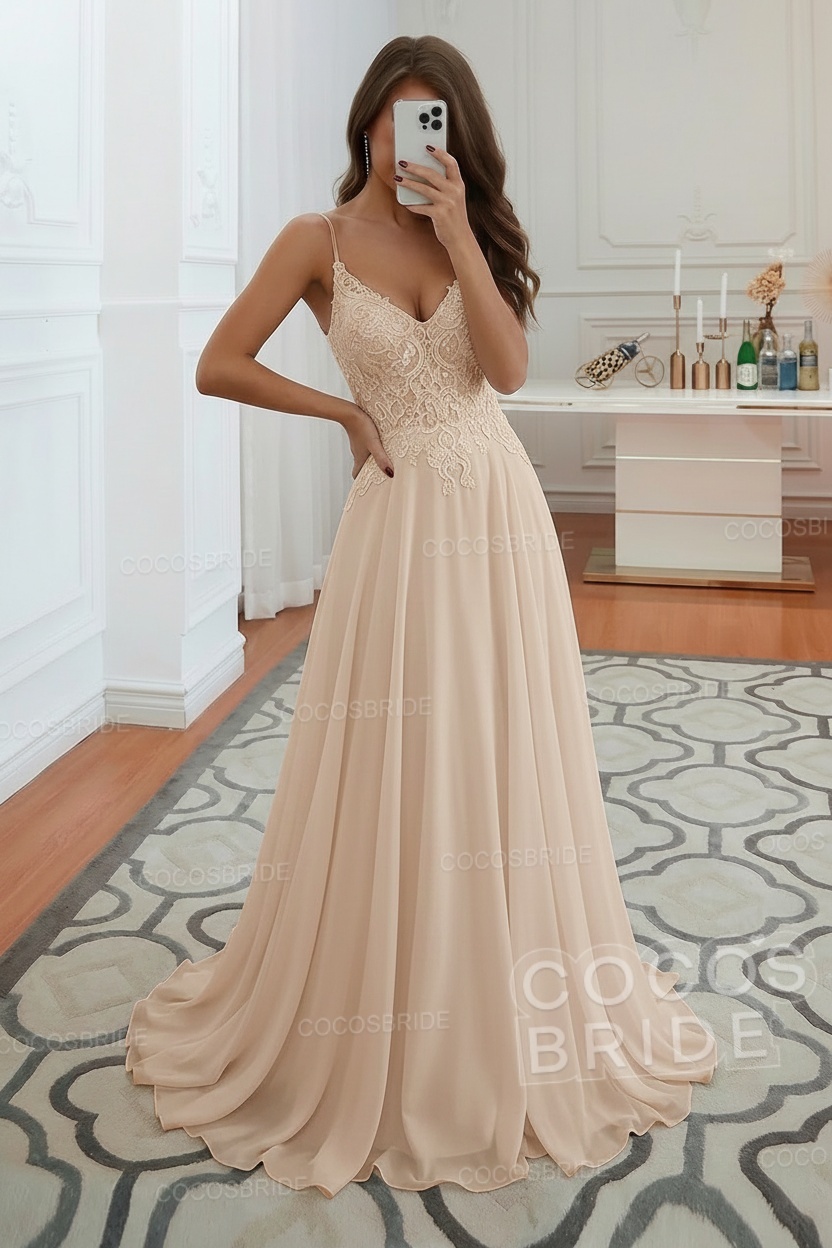 Long A-line Spaghetti Strap Appliques Backless Chiffon Wedding Dress