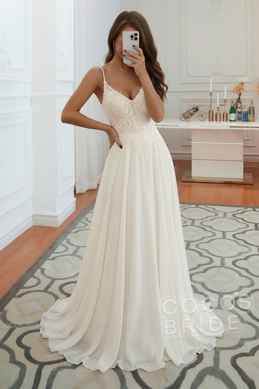 Long A-line Spaghetti Strap Appliques Backless Chiffon Wedding Dress