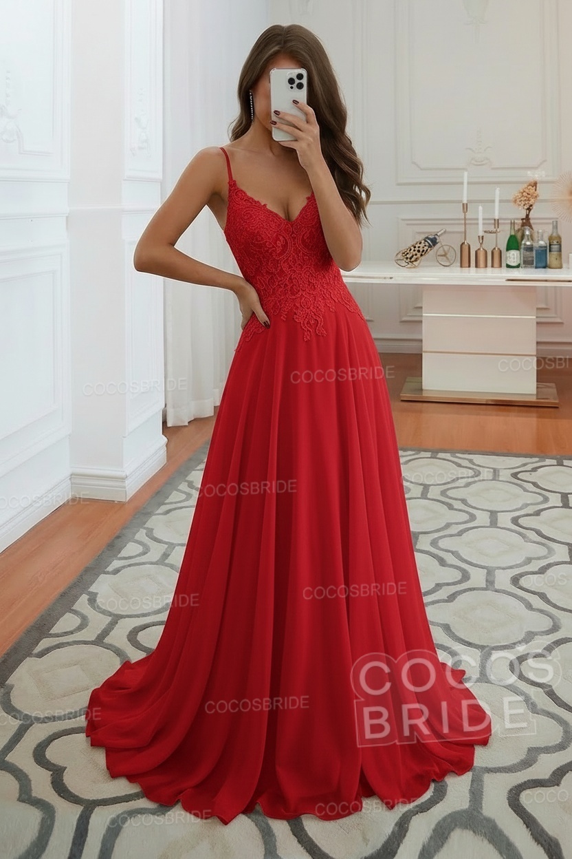 Long A-line Spaghetti Strap Appliques Backless Chiffon Wedding Dress