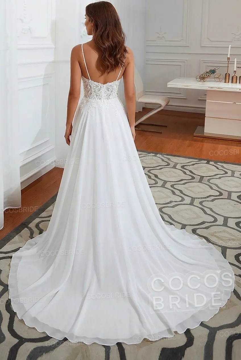 Long A-line Spaghetti Strap Appliques Backless Chiffon Wedding Dress