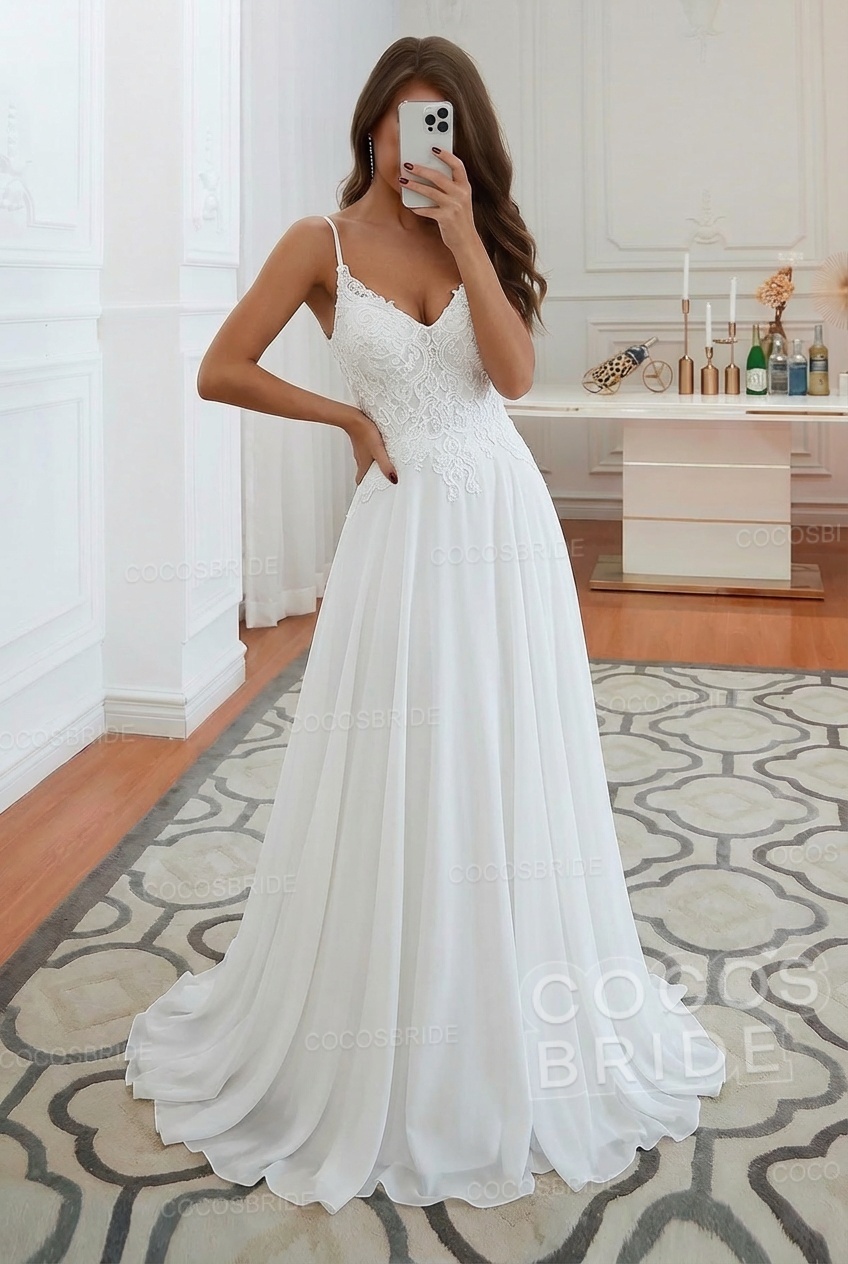 Long A-line Spaghetti Strap Appliques Backless Chiffon Wedding Dress
