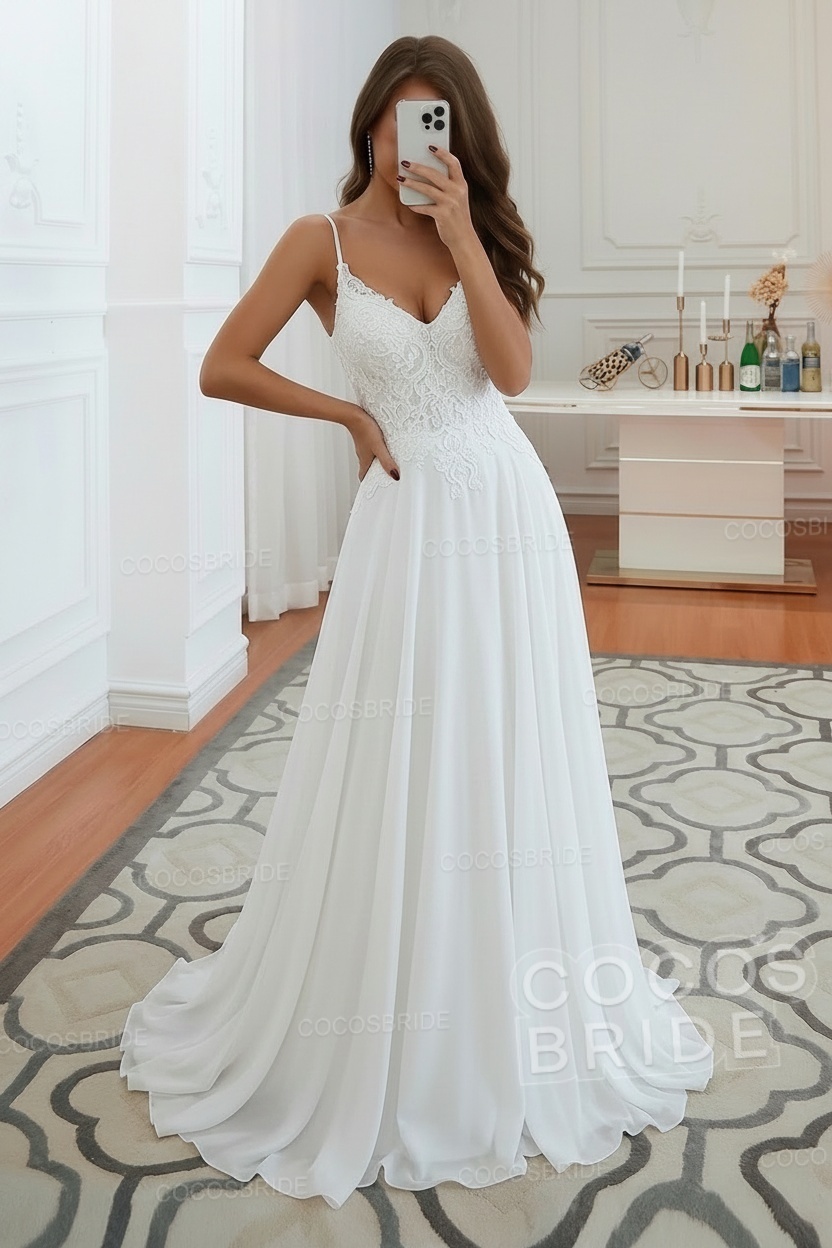 Long A-line Spaghetti Strap Appliques Backless Chiffon Wedding Dress