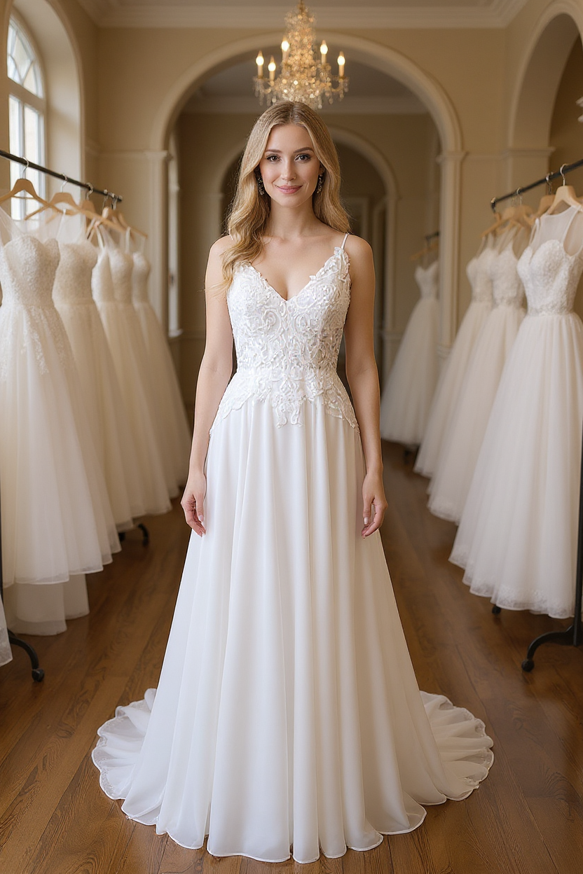 Long A-line Spaghetti Strap Appliques Chiffon Backless Wedding Dress