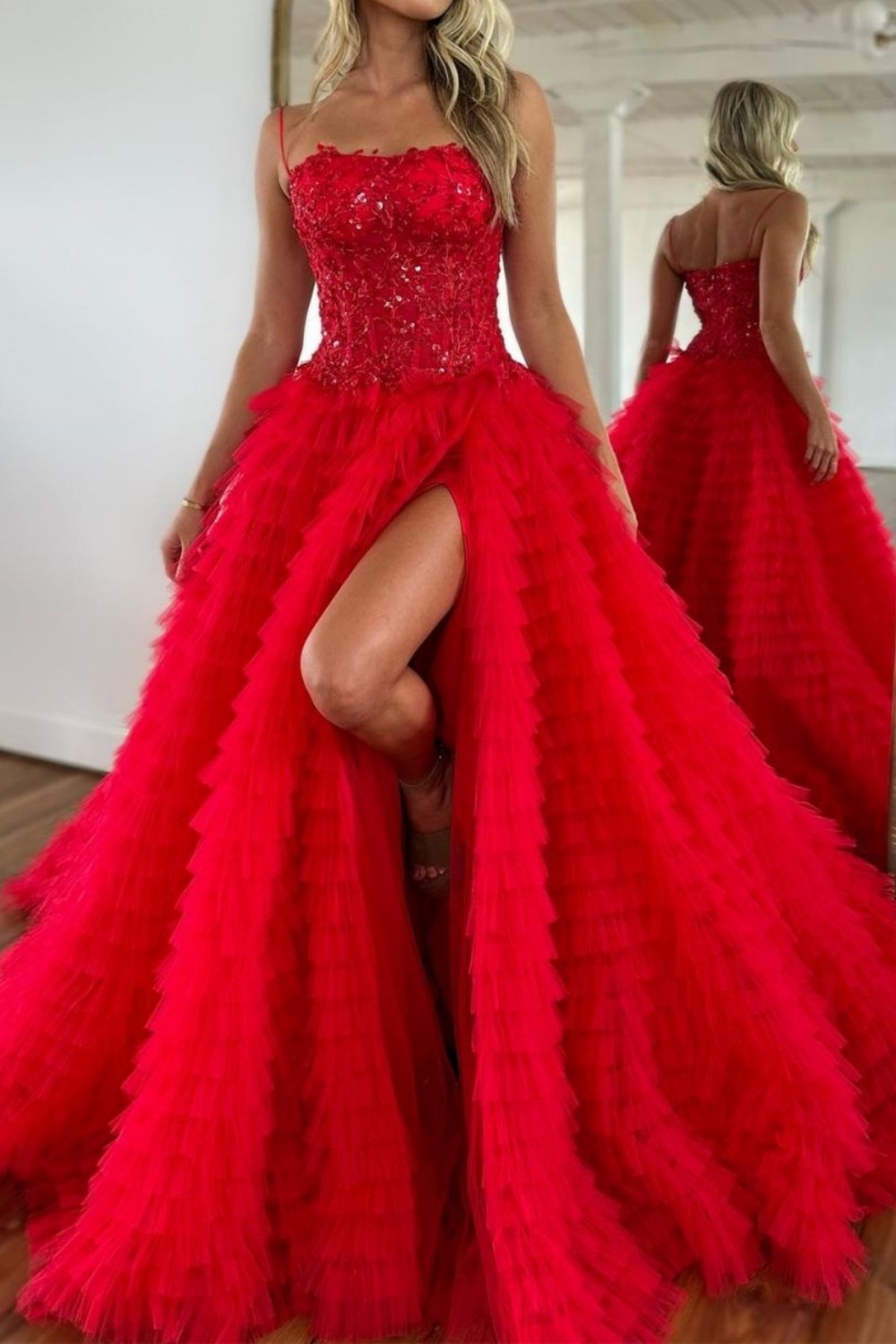 Red Long A-line Strapless Tulle Prom Dress with Front Slit