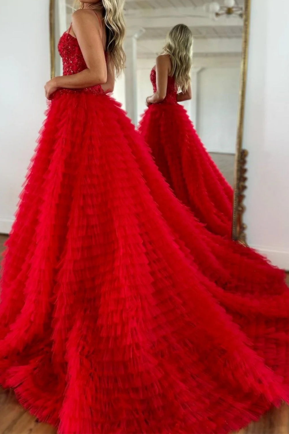 Red Long A-line Strapless Tulle Prom Dress with Front Slit