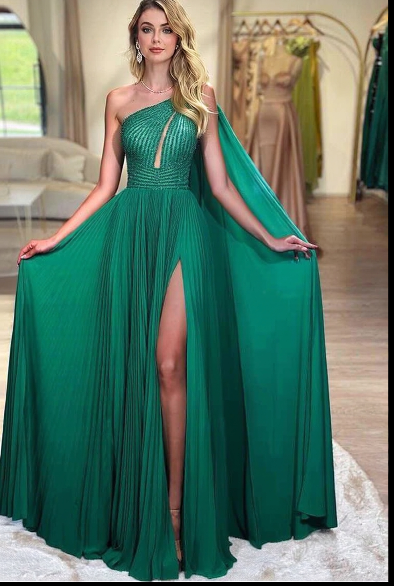 Long A-line Split Front One Shoulder Chiffon Floor Length Prom Dress