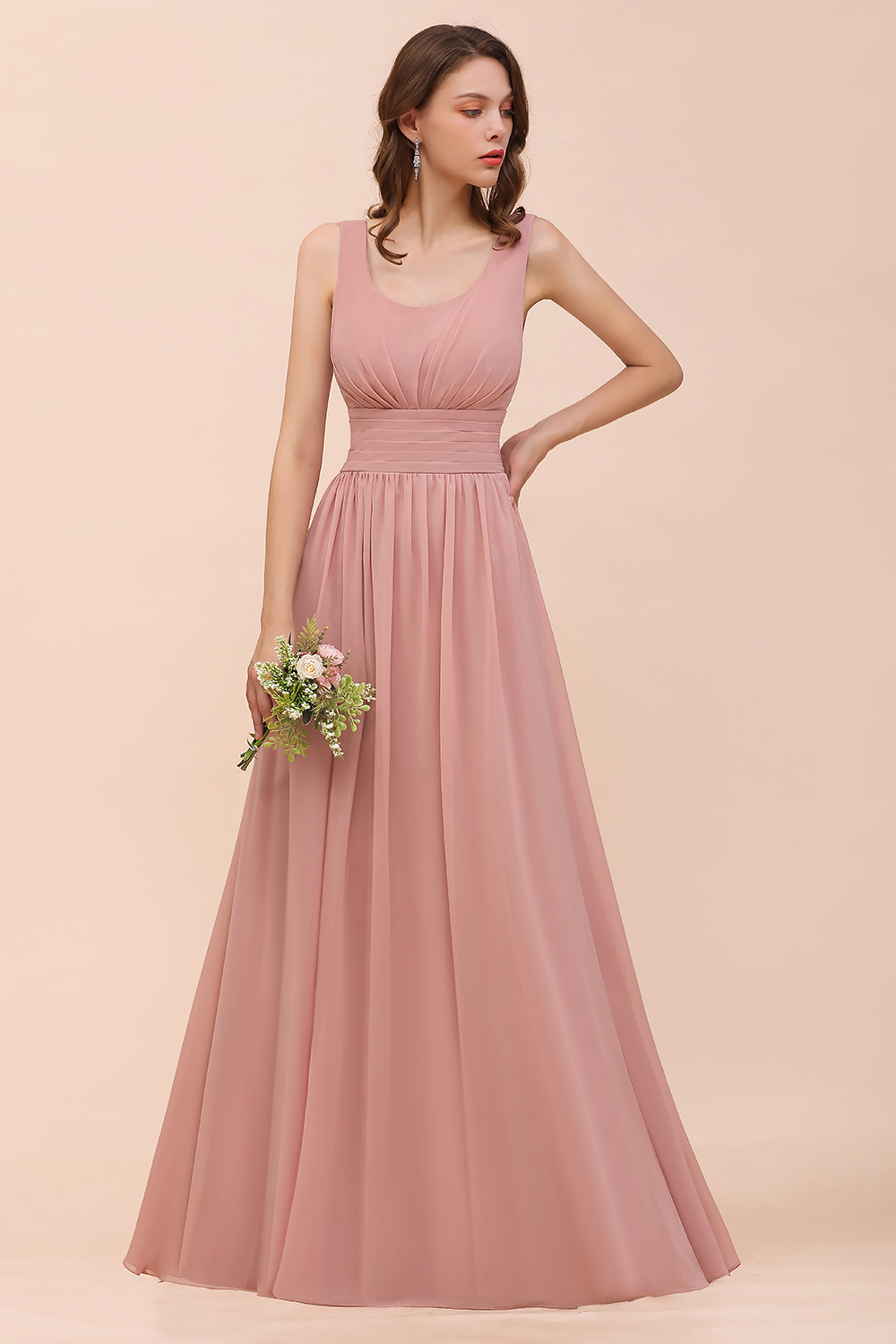 Long A-line Square Ruffle Vintage Mauve Chiffon Bridesmaid Dress