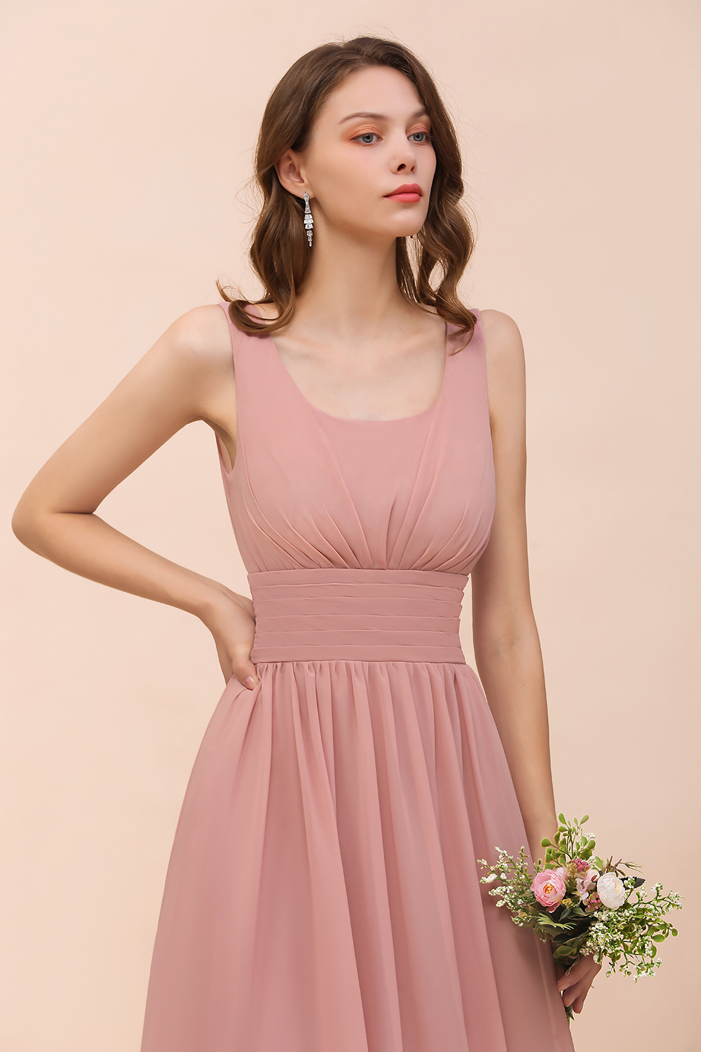 Long A-line Square Ruffle Vintage Mauve Chiffon Bridesmaid Dress