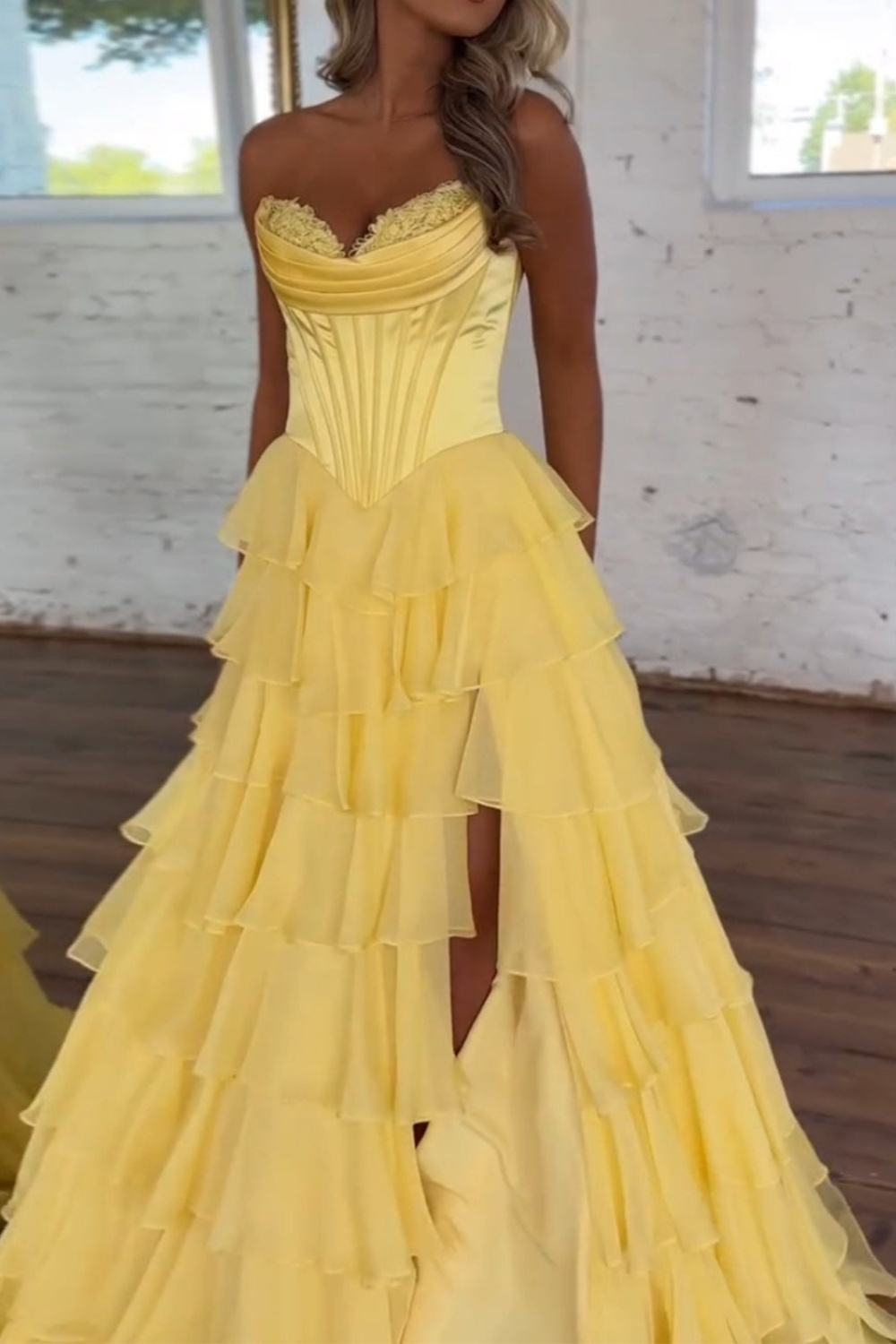 A-line Sweetheart Satin Chiffon Long Yellow Prom Dress