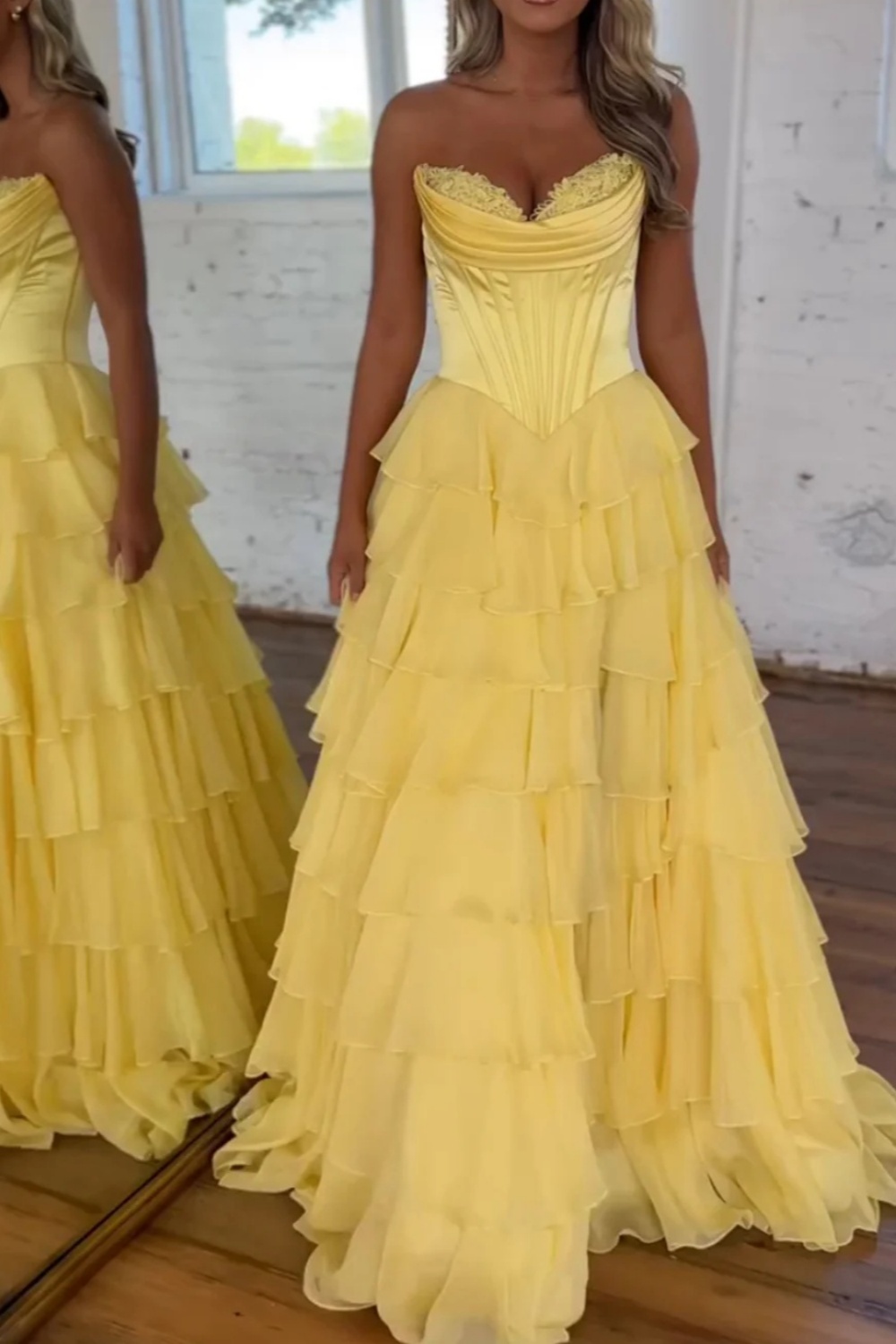 A-line Sweetheart Satin Chiffon Long Yellow Prom Dress