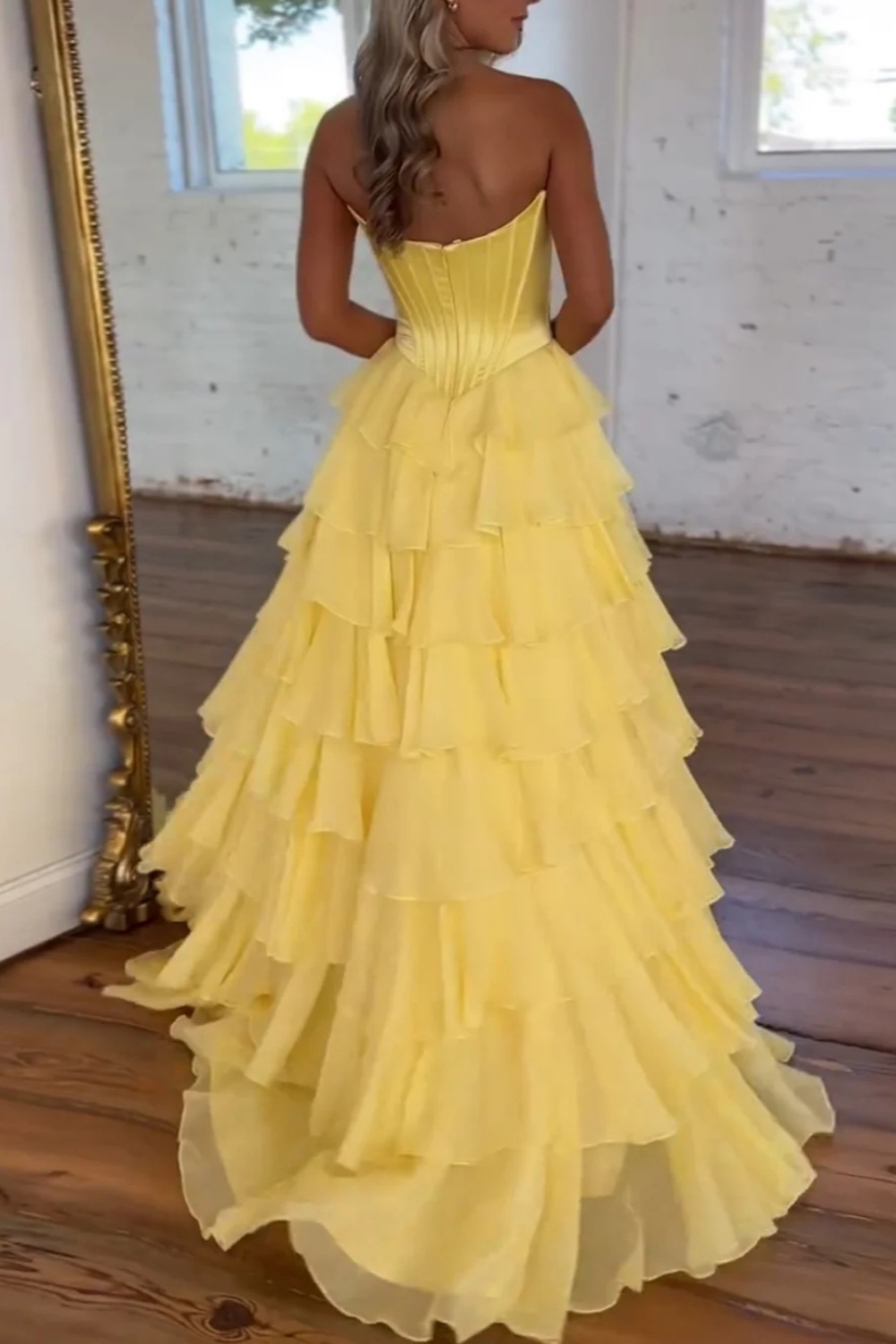 A-line Sweetheart Satin Chiffon Long Yellow Prom Dress