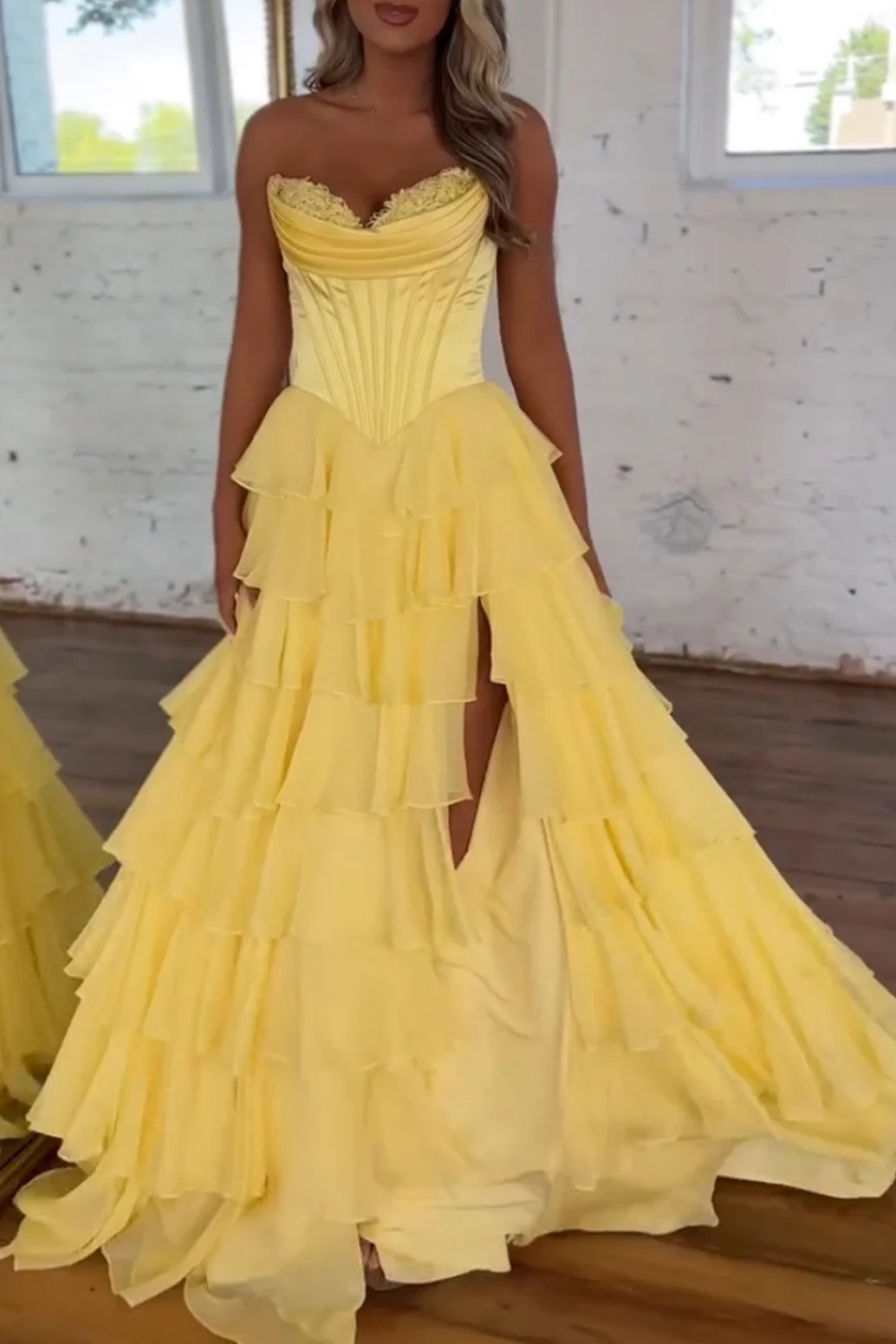 A-line Sweetheart Satin Chiffon Long Yellow Prom Dress