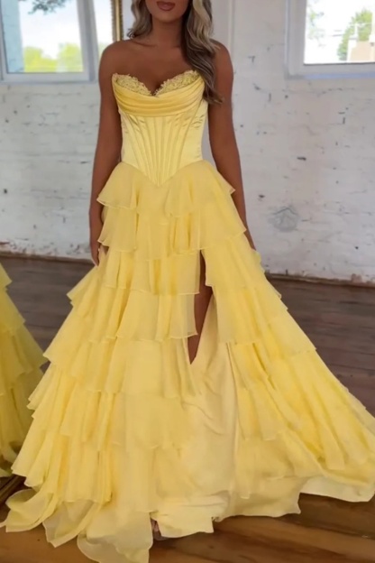 A-line Sweetheart Satin Chiffon Long Yellow Prom Dress