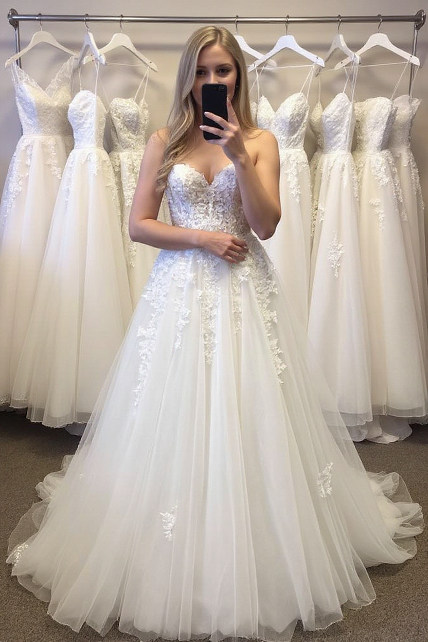 Long A-line Sweetheart Tulle Lace Wedding Dresses