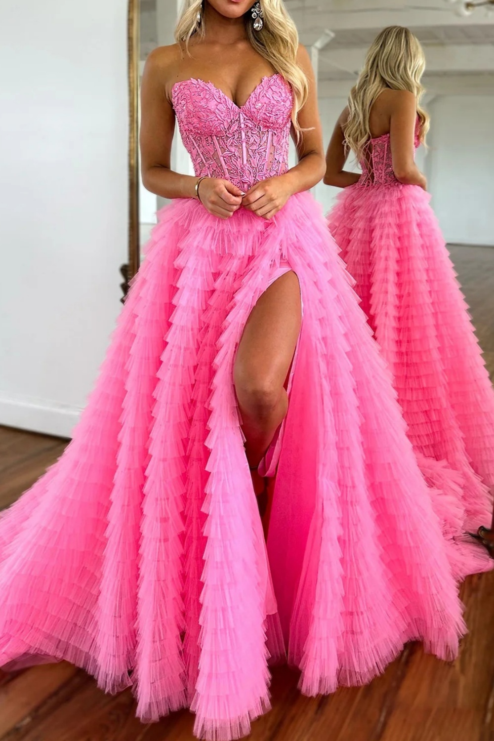 A-line Sweetheart Lace Tulle Long Prom Dress with Slit