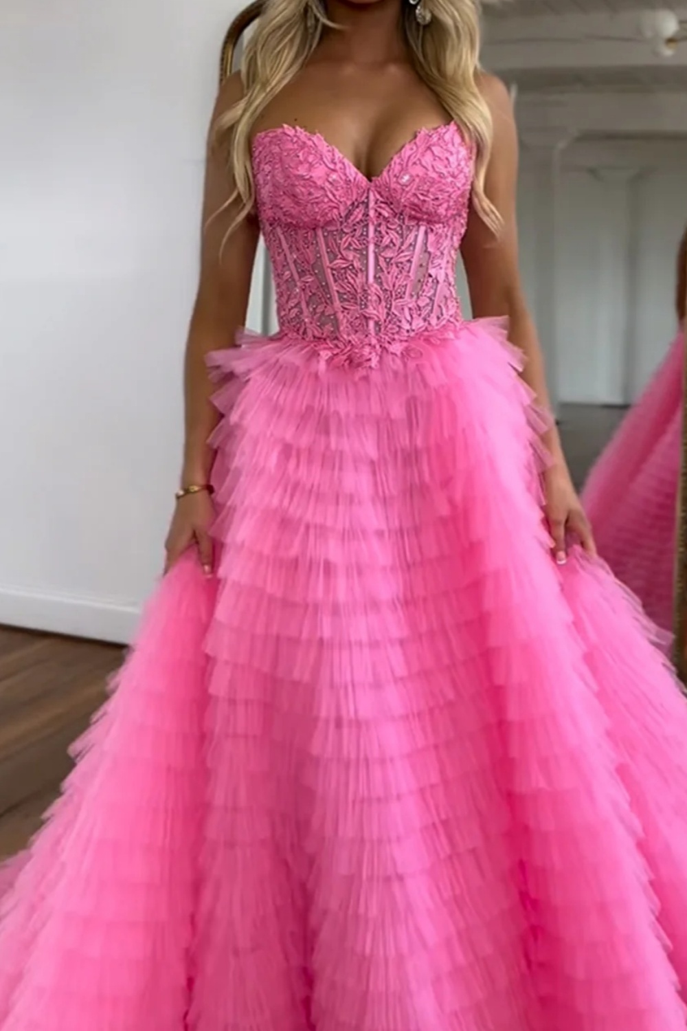A-line Sweetheart Lace Tulle Long Prom Dress with Slit