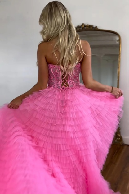 A-line Sweetheart Lace Tulle Long Prom Dress with Slit