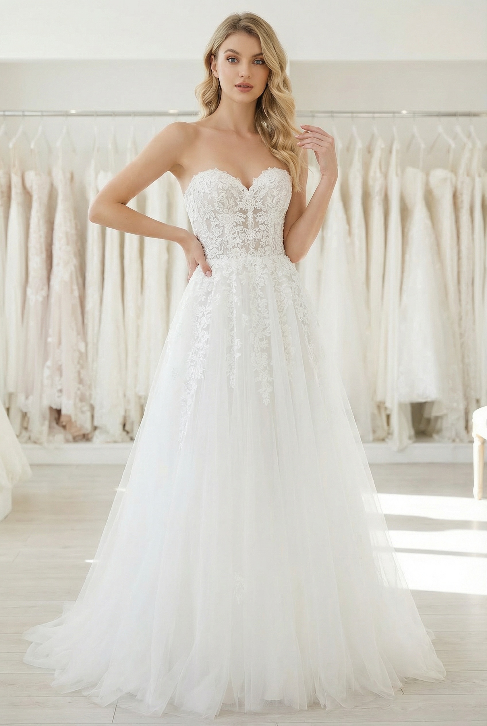 Long A-line Sweetheart Tulle Lace White Wedding Dresses