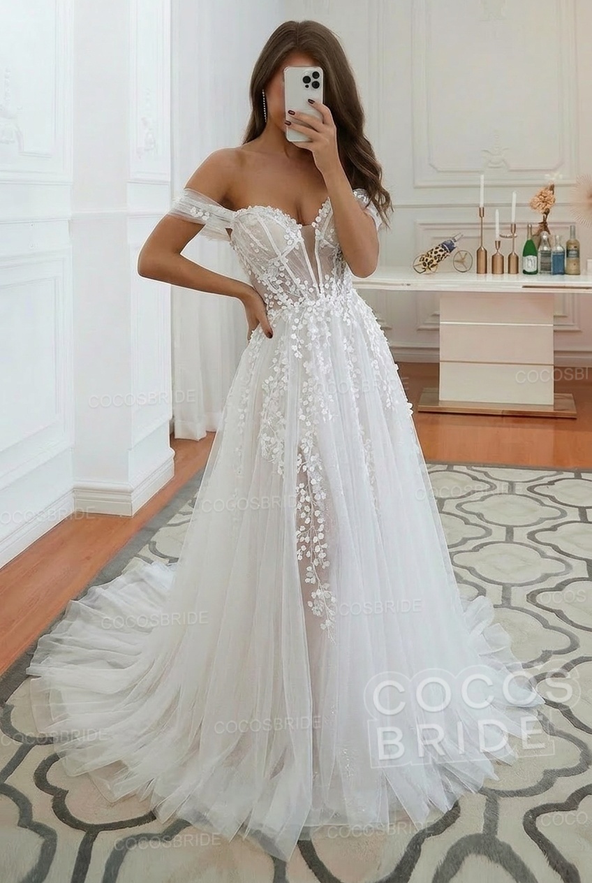 Long A-line Tulle Lace Off the Shoulder Wedding Dress