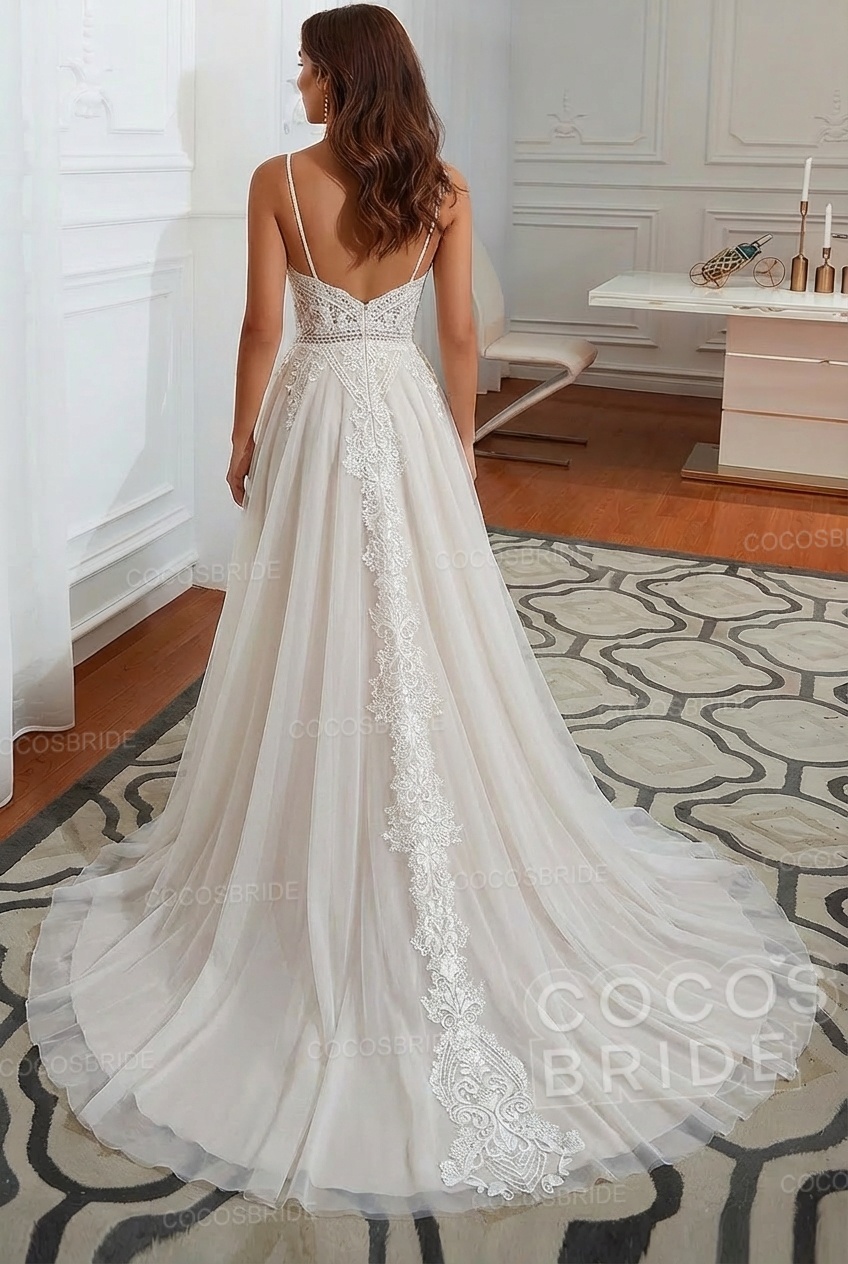 Long A-line Ruffles Open Back Tulle Lace Wedding Dress