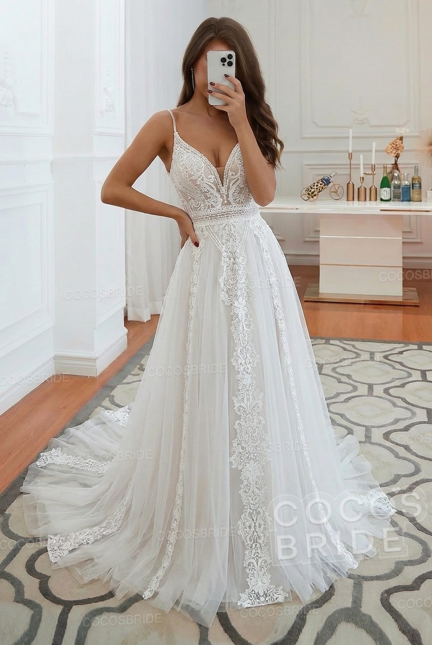 Long A-line Ruffles Open Back Tulle Lace Wedding Dress