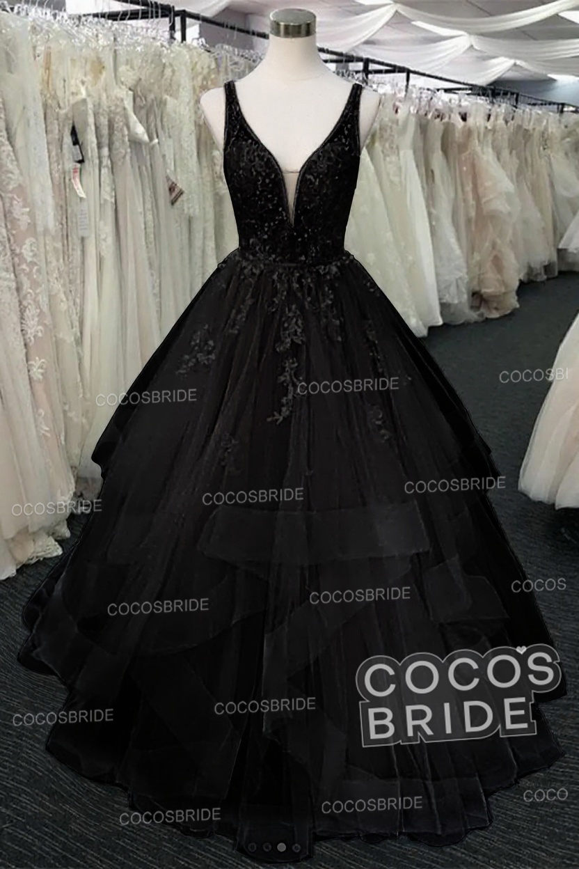 Long A-line Tulle V Neck Open Back Long Layered Wedding Dress