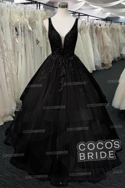 Long A-line Tulle V Neck Open Back Long Layered Wedding Dress